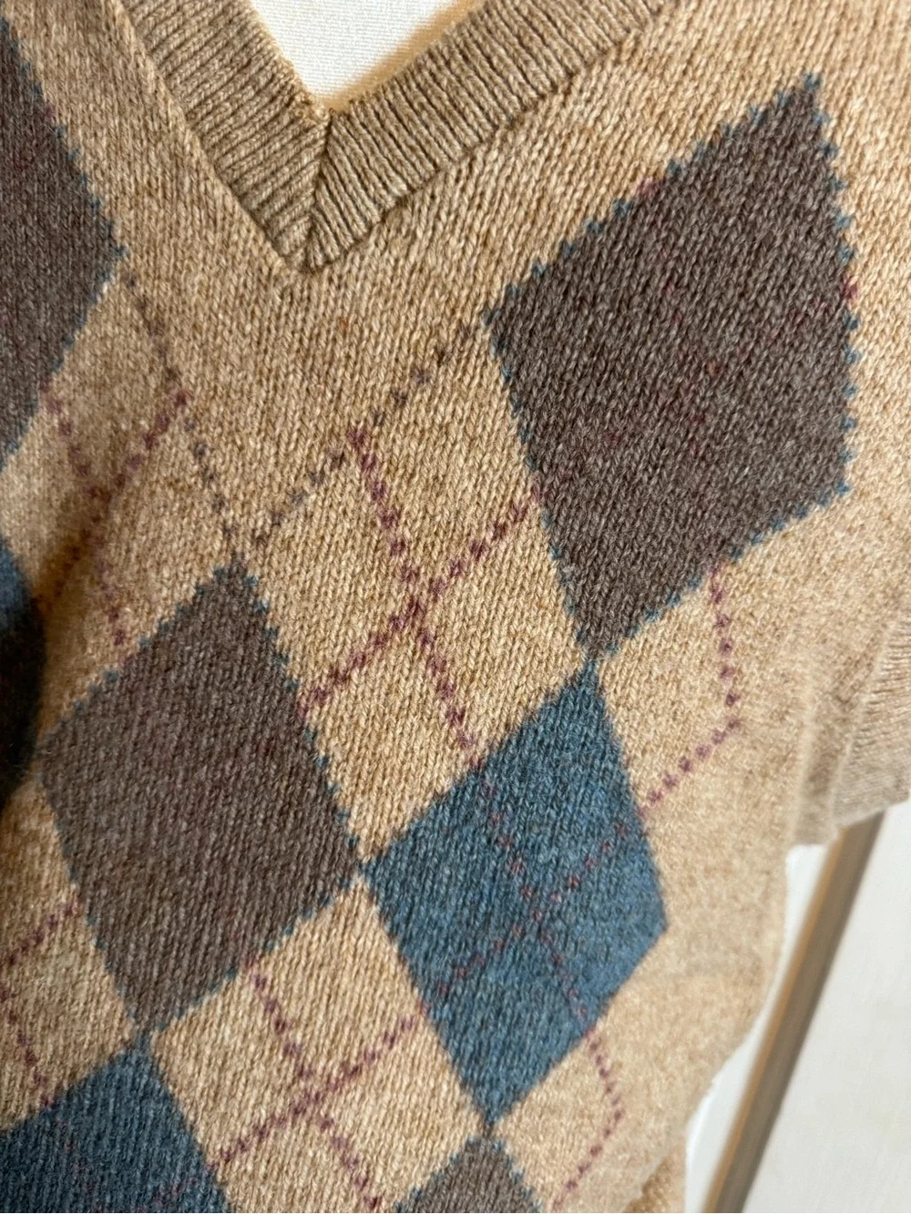 Jantzen Beige Argyle V-Neck Sweater Vest Wool Blend Large Vintage